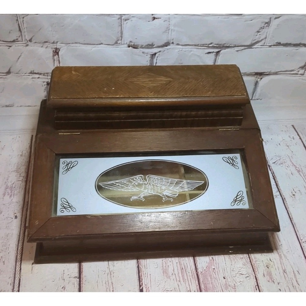 Vintage Wooden‎ Men's Jewelry Box Etched Glass Lid Eagle Design